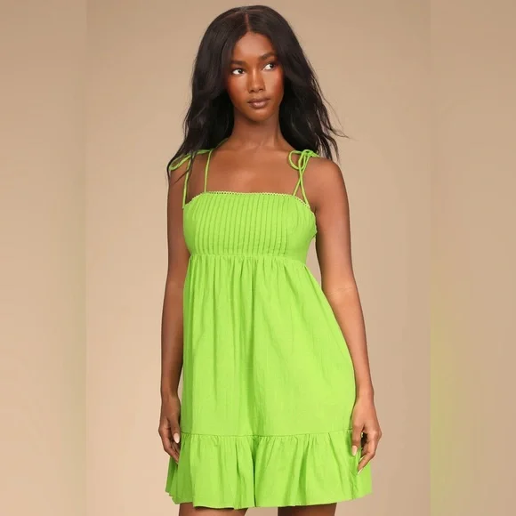 Lulus’ Dreamgirl Lime Green Pleated Tie-Shoulder Babydoll Linen Mini Dress - Picture 1 of 8